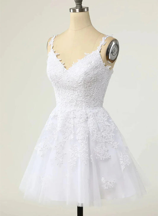 Cute V-neckline White Tulle with Lace Graduation Dress, White Short Party Dress TP1060