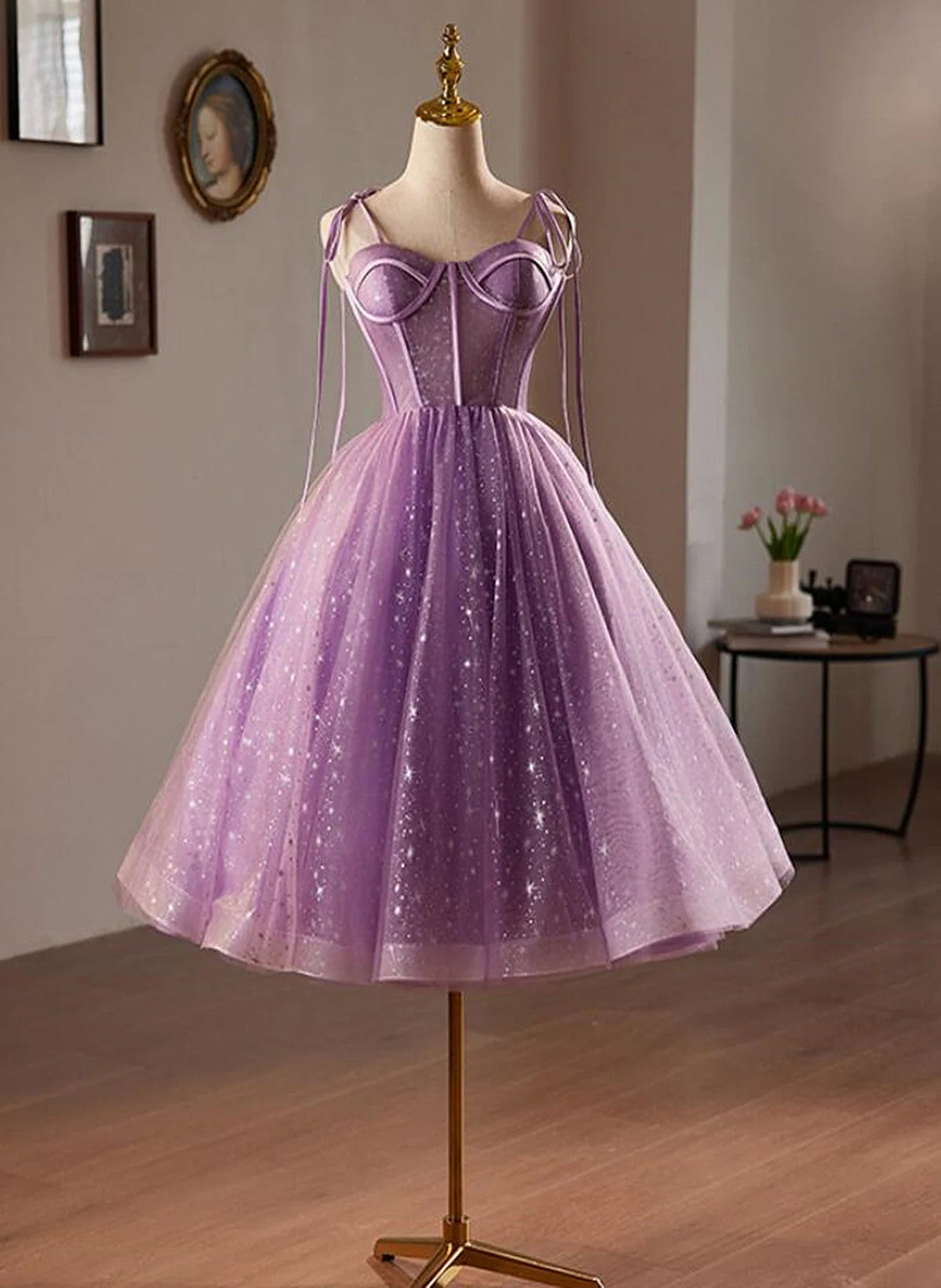 Light Purple Knee Length Straps Party Dress, Light Purple Homecoming Dress TP1062