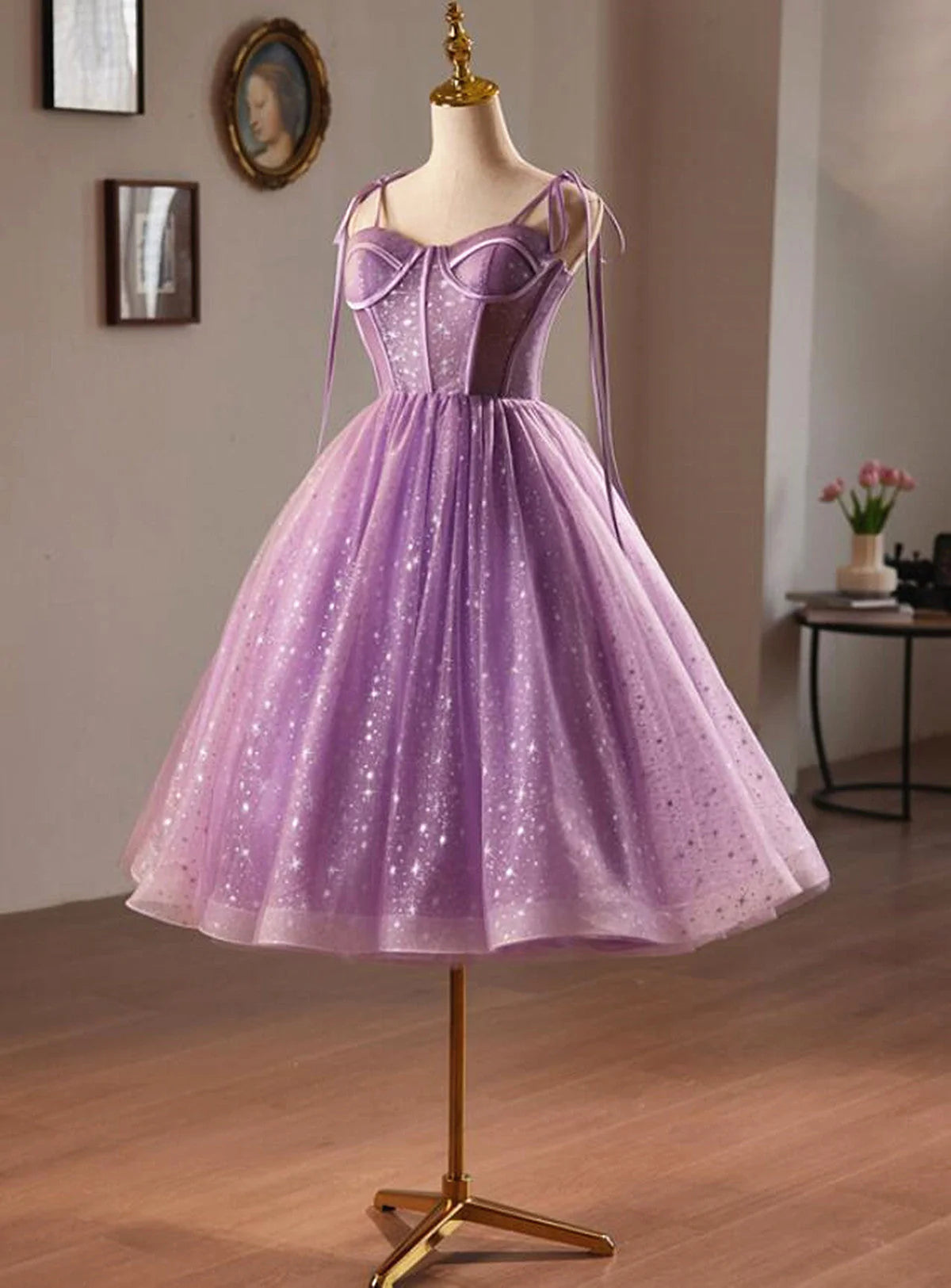 Light Purple Knee Length Straps Party Dress, Light Purple Homecoming Dress TP1062