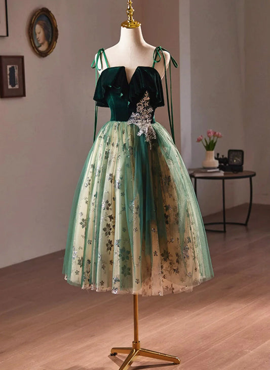 Green Tulle Knee Length Straps Homecoming Dress, Green Homecoming Dress TP1065