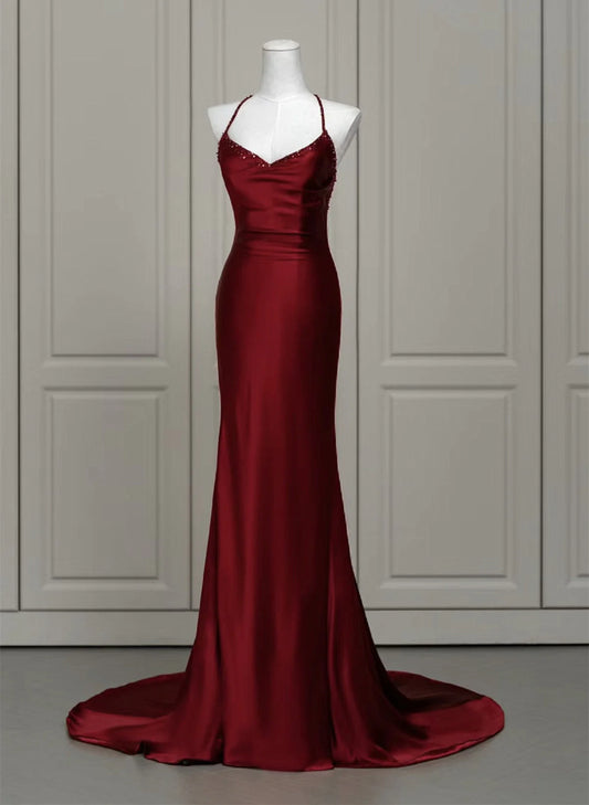 Wine Red Mermaid Backless Long Evening Dress, Wine Red Long Prom Dress TP1067