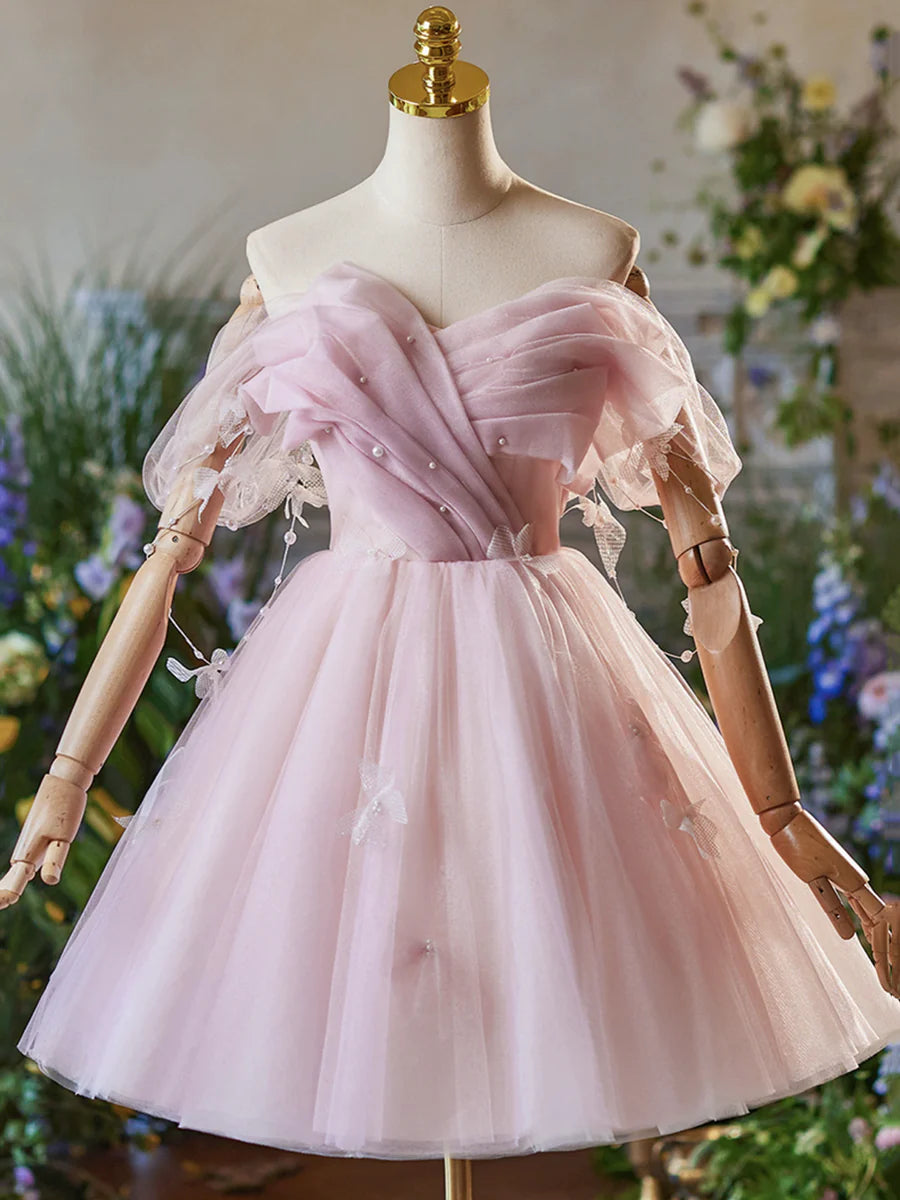 Pink Tulle Knee Length A-Line Party Dress, Lovely Off the Shoulder Prom Dress TP107