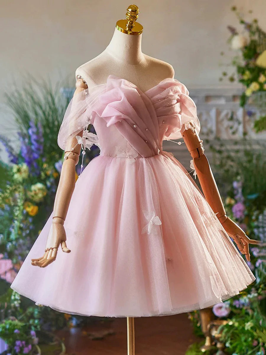 Pink Tulle Knee Length A-Line Party Dress, Lovely Off the Shoulder Prom Dress TP107