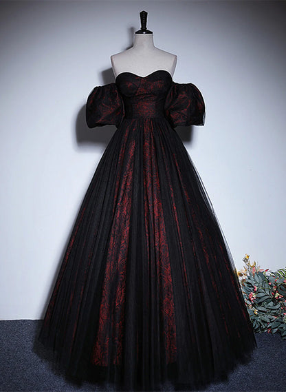 Pretty A-line Black and Red Lace Sweetheart Evening Dress, Black and Red Prom Dress TP1077