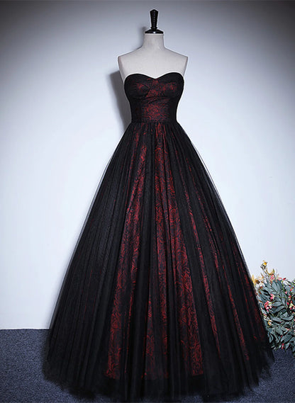 Pretty A-line Black and Red Lace Sweetheart Evening Dress, Black and Red Prom Dress TP1077