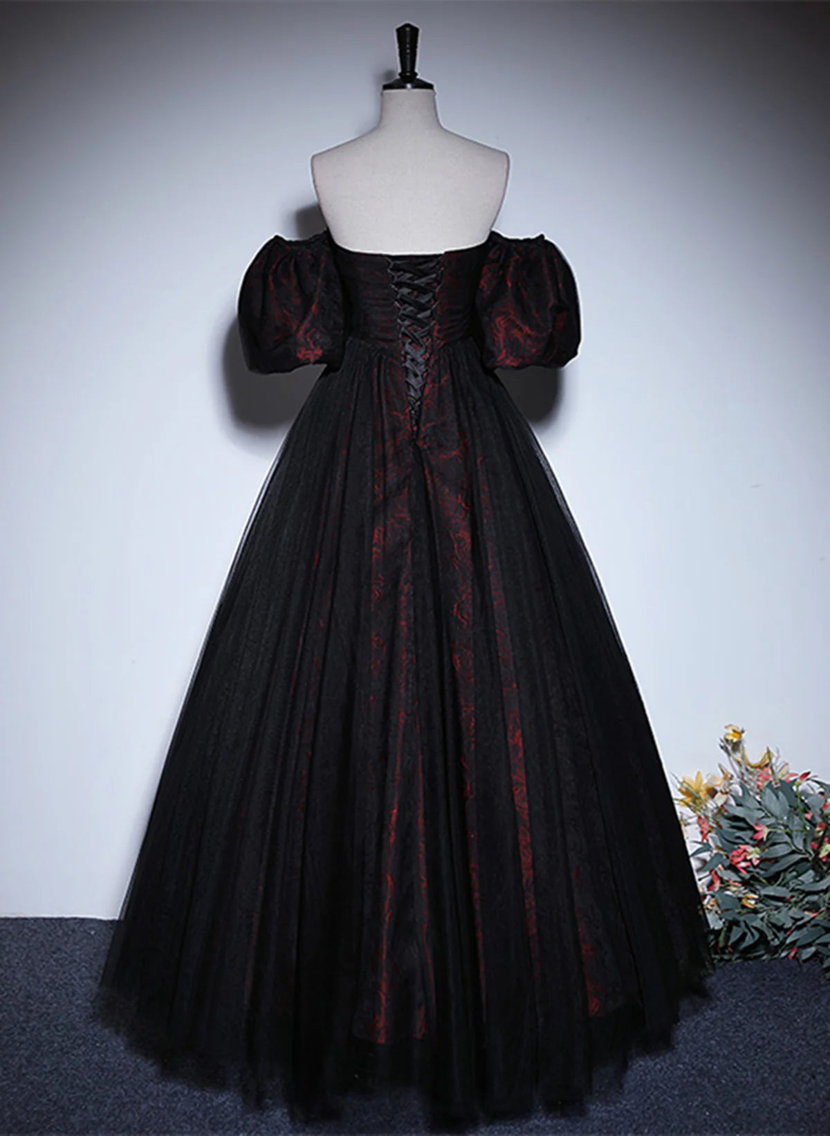 Pretty A-line Black and Red Lace Sweetheart Evening Dress, Black and Red Prom Dress TP1077