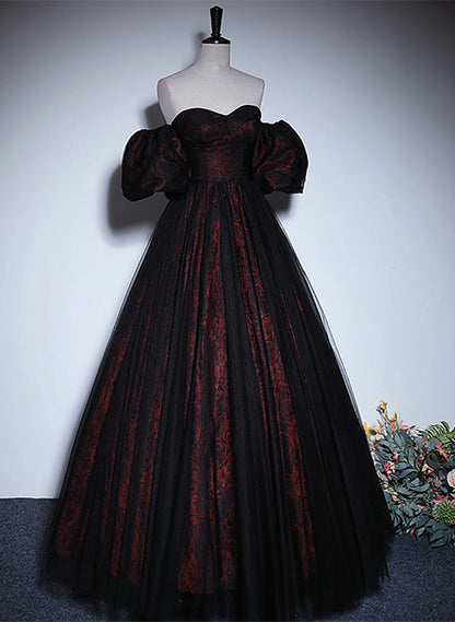 Pretty A-line Black and Red Lace Sweetheart Evening Dress, Black and Red Prom Dress TP1077