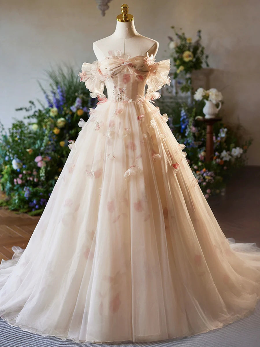 Champagne Floral Tulle Long Prom Dress, Elegant A-Line Formal Evening Dress TP108