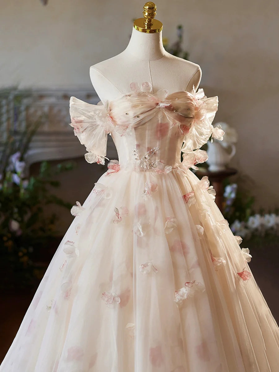 Champagne Floral Tulle Long Prom Dress, Elegant A-Line Formal Evening Dress TP108