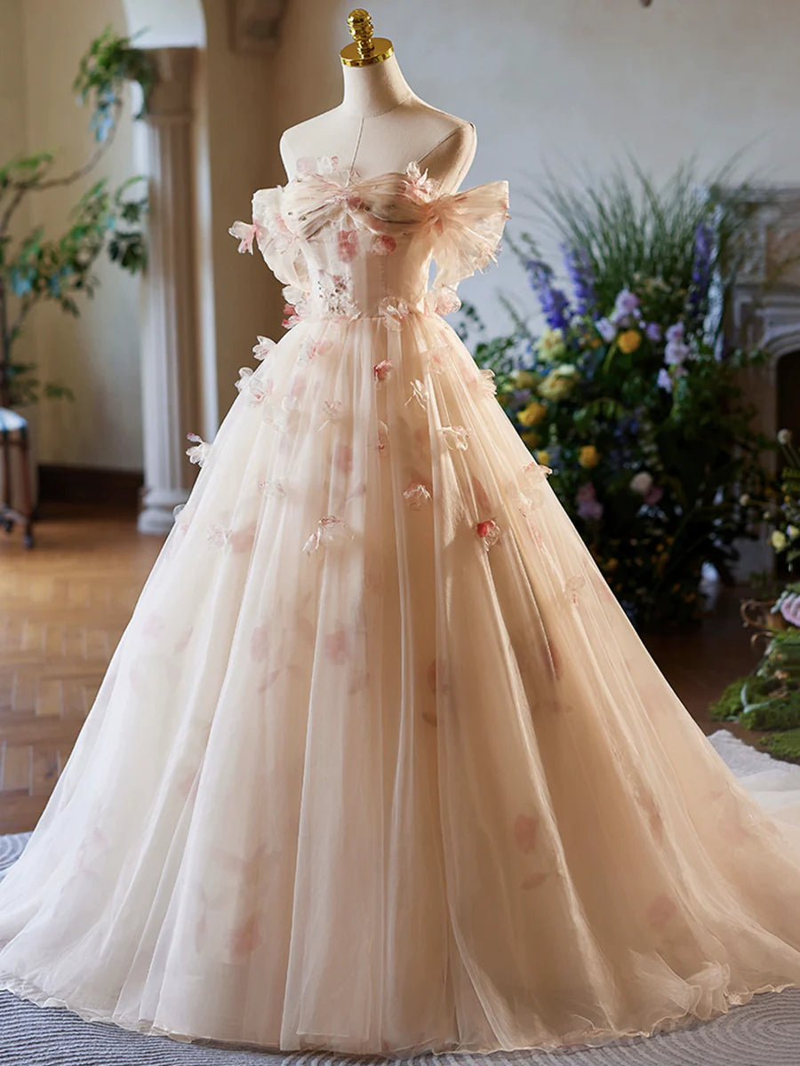 Champagne Floral Tulle Long Prom Dress, Elegant A-Line Formal Evening Dress TP108