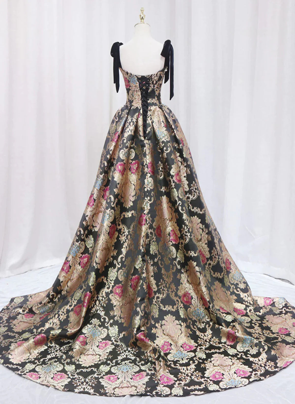 Black Satin Straps A-line Floral Long Formal Dress, Black Evening Dress TP1083