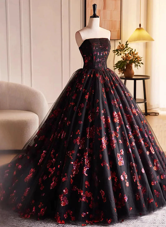 Black and Red Floral Tulle Long Party Dress, Strapless Formal Sweet 16 Dress TP1084