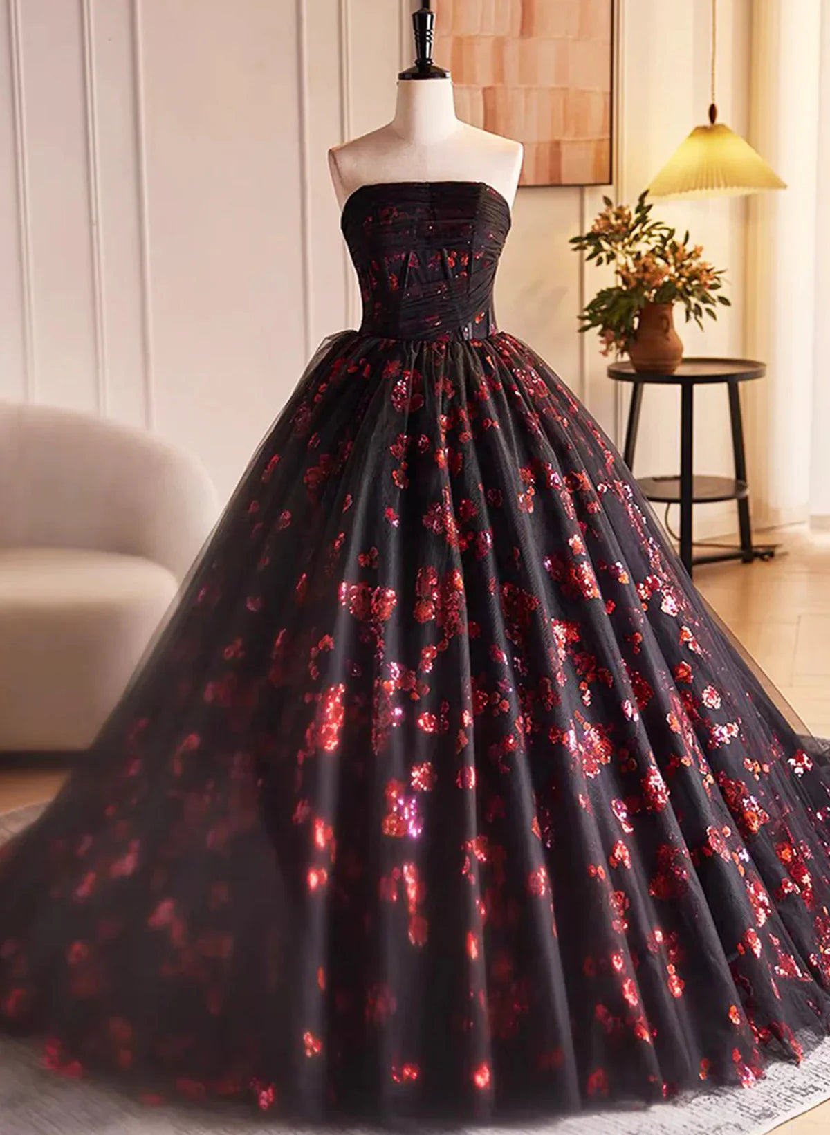 Black and Red Floral Tulle Long Party Dress, Strapless Formal Sweet 16 Dress TP1084