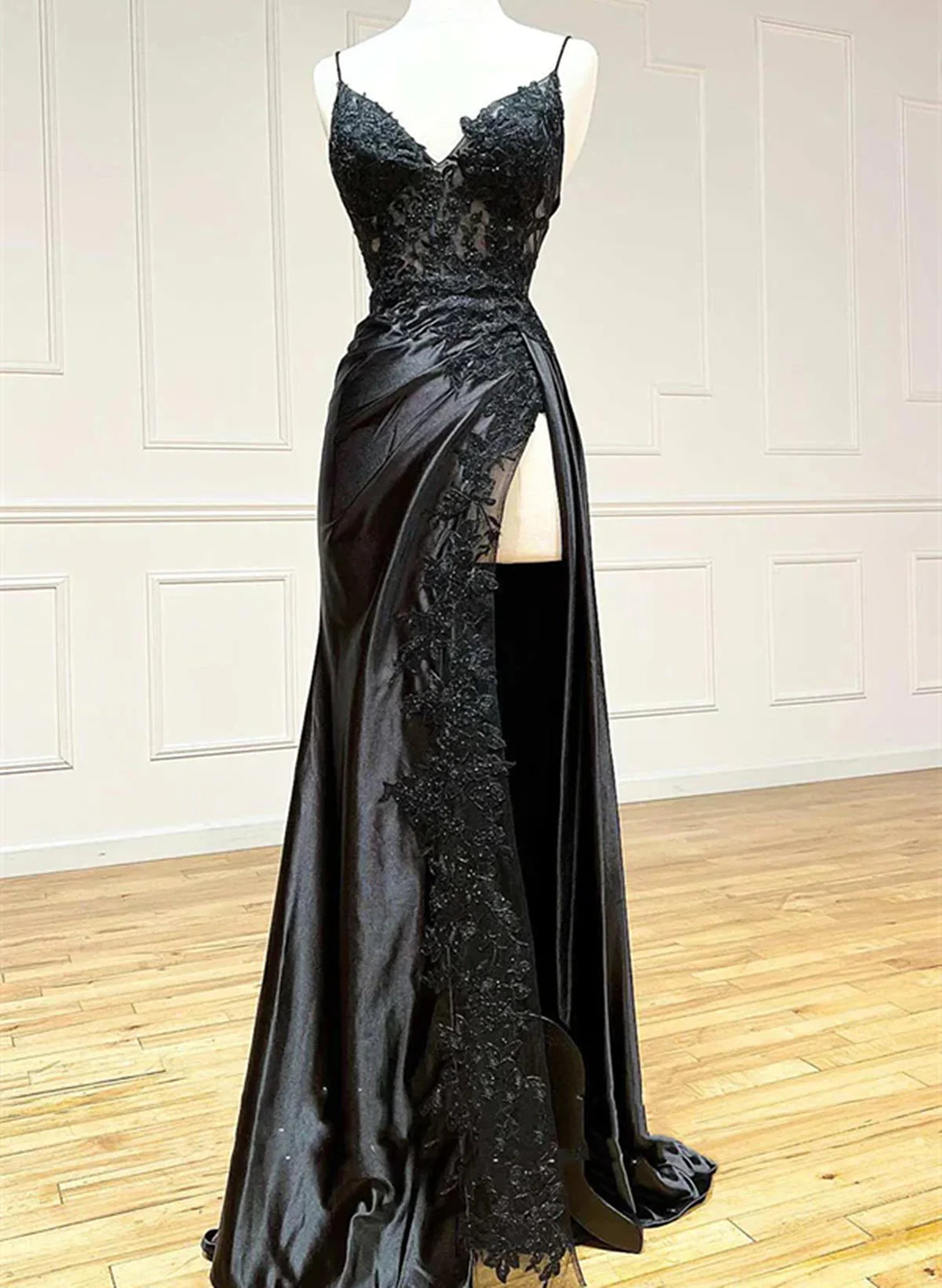 Black Long Satin with Lace Straps Long Party Dress, Black Evening Dress TP1087