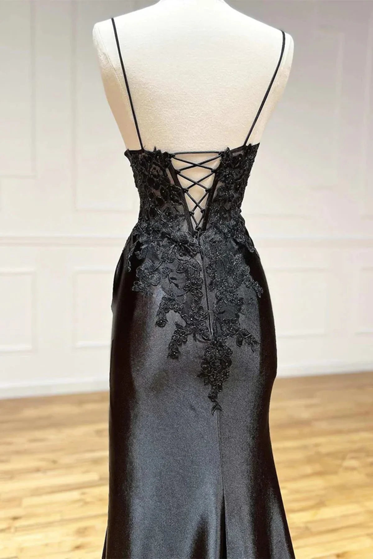 Black Long Satin with Lace Straps Long Party Dress, Black Evening Dress TP1087