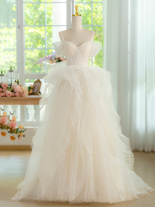 Light Champagne Spaghetti Strap Tulle Long Prom Dress, Beautiful A-Line Formal Evening Dress TP109