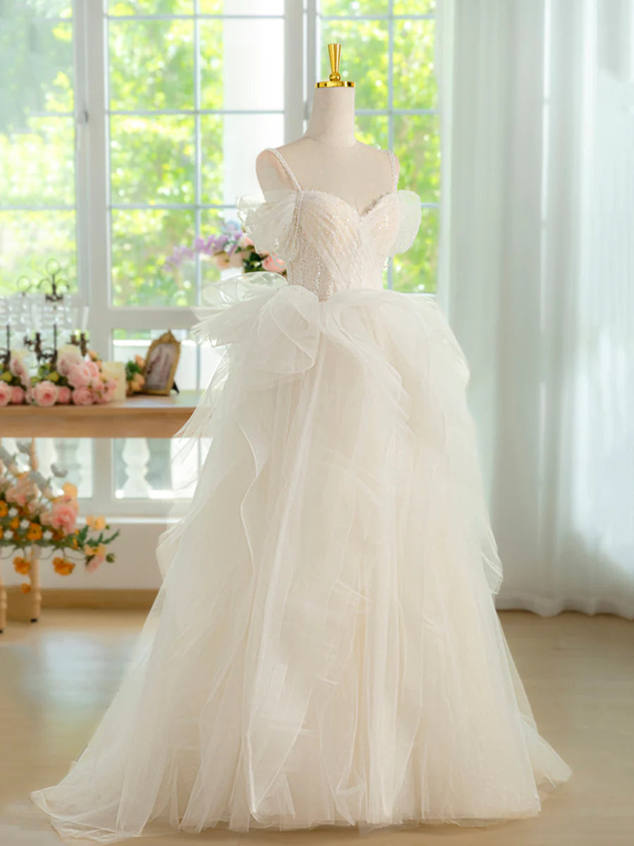 Light Champagne Spaghetti Strap Tulle Long Prom Dress, Beautiful A-Line Formal Evening Dress TP109