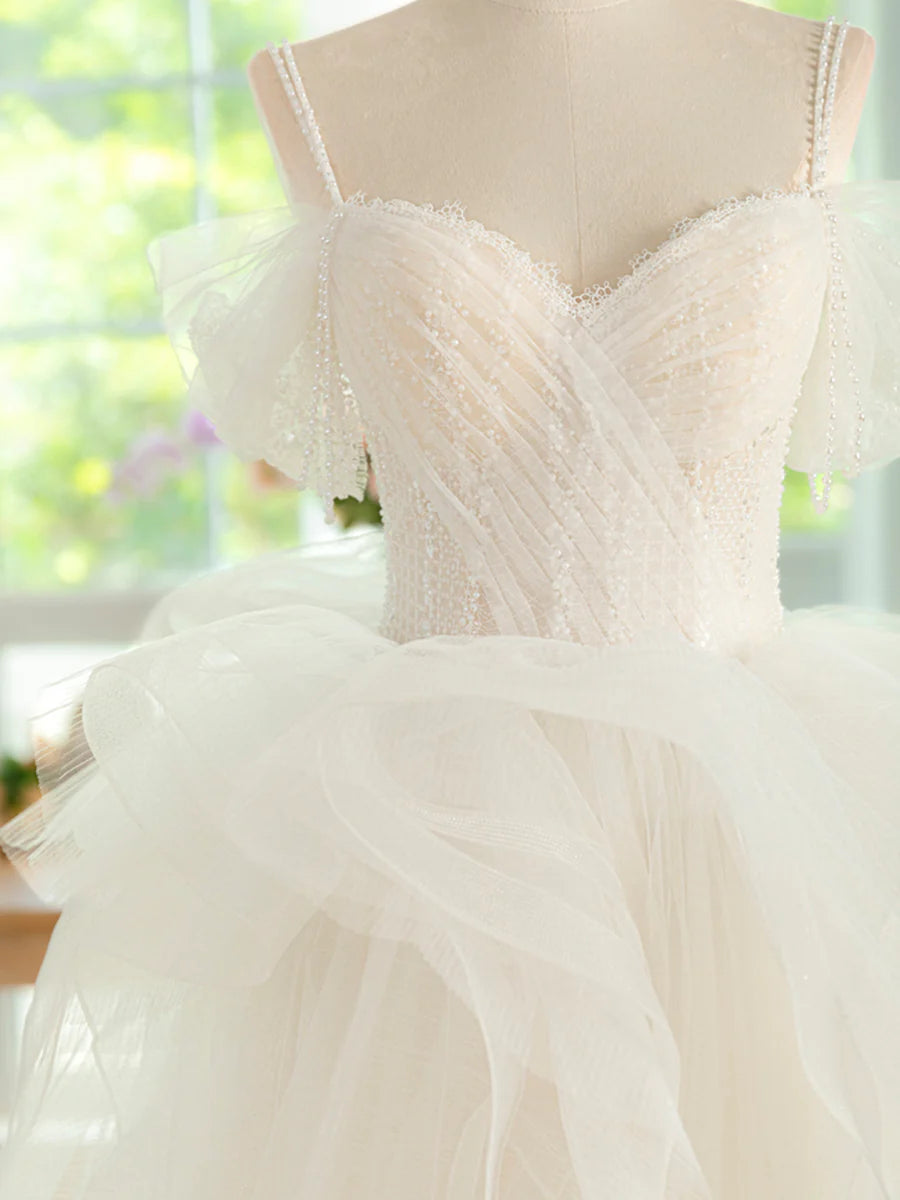 Light Champagne Spaghetti Strap Tulle Long Prom Dress, Beautiful A-Line Formal Evening Dress TP109