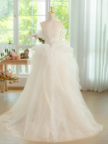 Light Champagne Spaghetti Strap Tulle Long Prom Dress, Beautiful A-Line Formal Evening Dress TP109