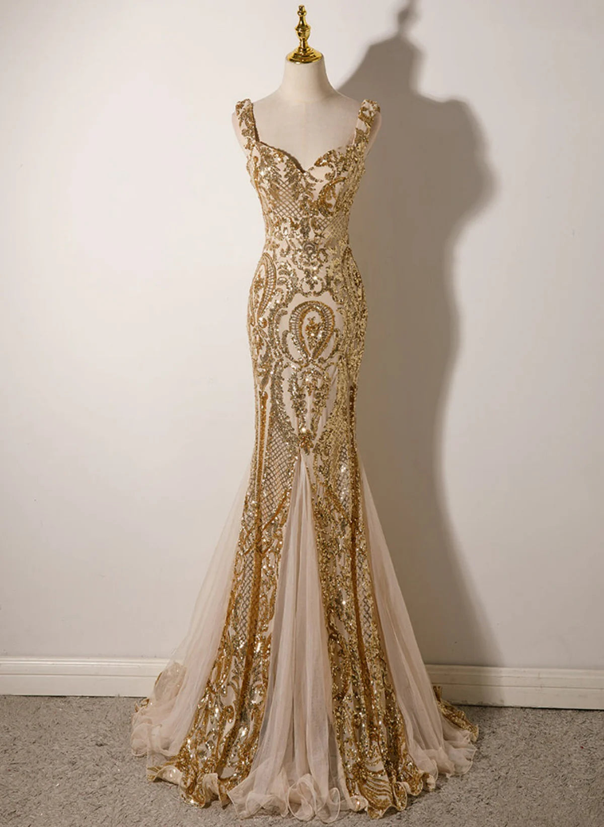 Champagne Mermaid Sequins Straps Evening Dress, Champagne Sequins Prom Dress TP1093