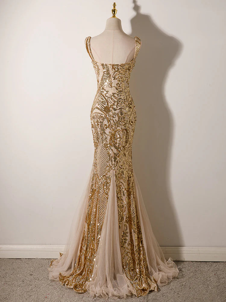 Champagne Mermaid Sequins Straps Evening Dress, Champagne Sequins Prom Dress TP1093