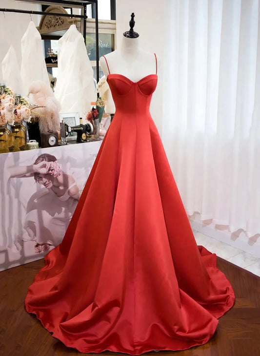 Red Satin Sweetheart Long Formal Dress, Red Satin Straps Prom Dress TP1099