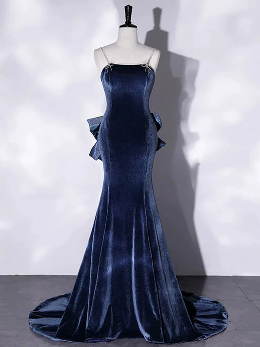 Blue Velvet Spaghetti Strap Long Prom Dress, Mermaid Bow Evening Party Dress TP117