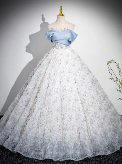 Blue Tulle Printing Floor Length Prom Dress, Off the Shoulder Backless Evening Dress TP122