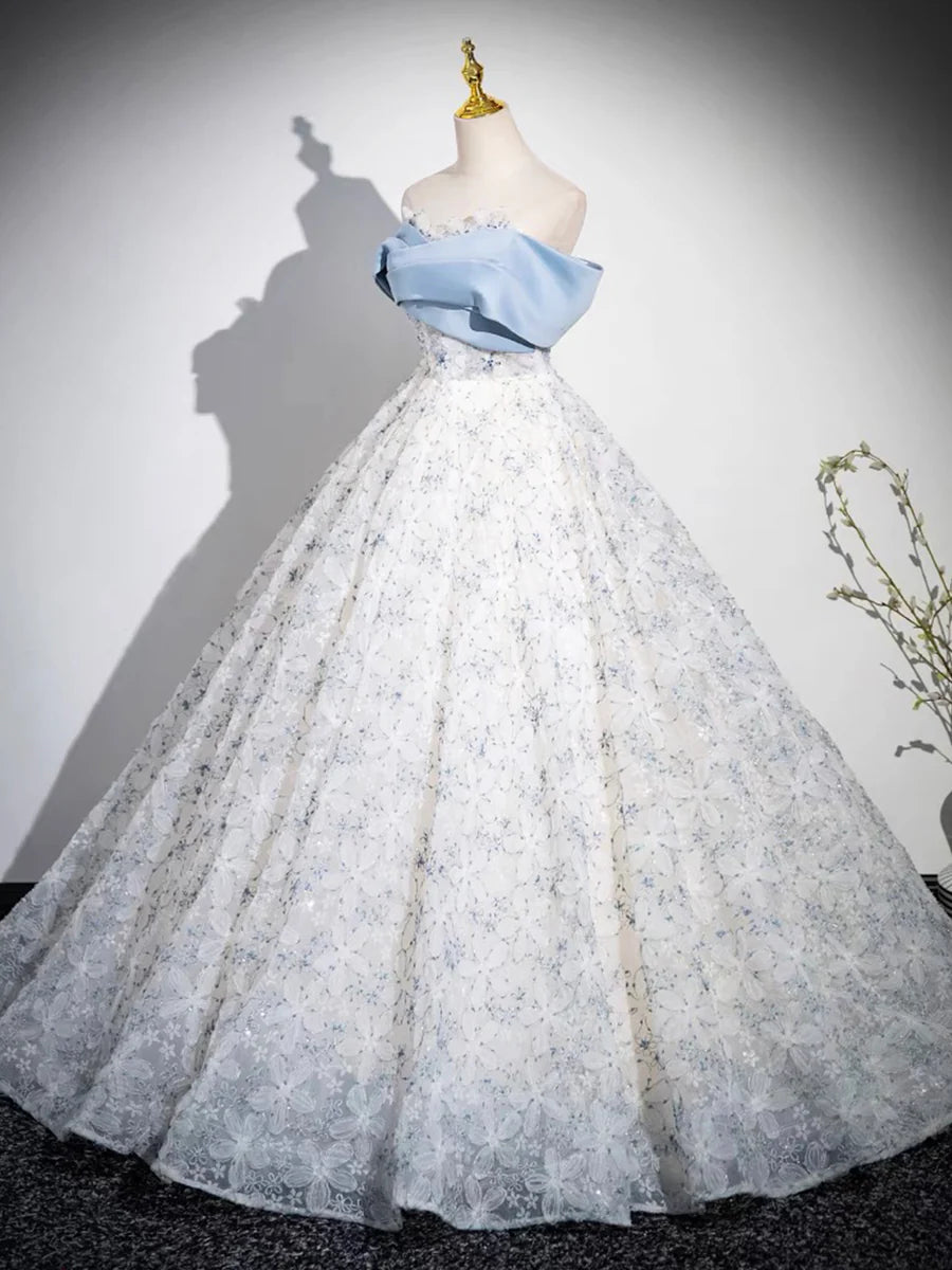 Blue Tulle Printing Floor Length Prom Dress, Off the Shoulder Backless Evening Dress TP122