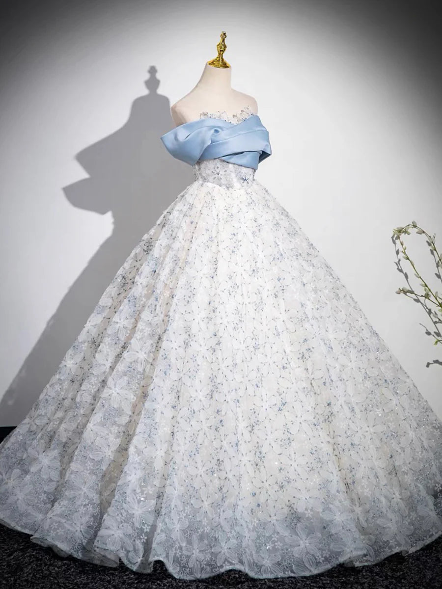 Blue Tulle Printing Floor Length Prom Dress, Off the Shoulder Backless Evening Dress TP122