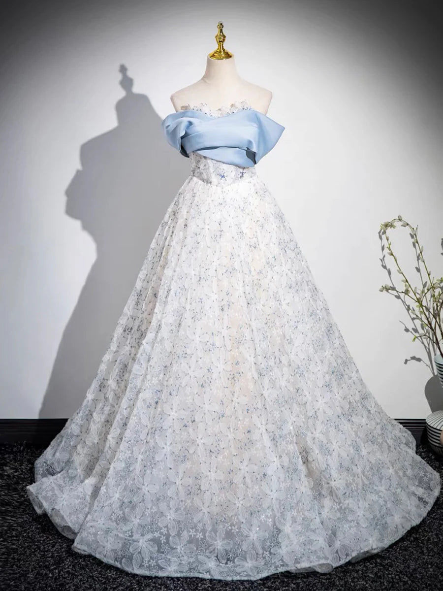 Blue Tulle Printing Floor Length Prom Dress, Off the Shoulder Backless Evening Dress TP122