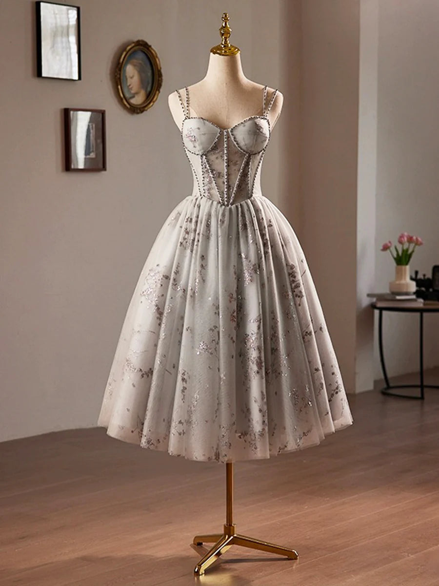 Gray Tulle Sequins Short A-Line Prom Dress, Lovely Spaghetti Strap Evening Party Dress TP123