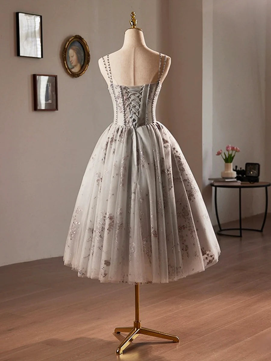 Gray Tulle Sequins Short A-Line Prom Dress, Lovely Spaghetti Strap Evening Party Dress TP123