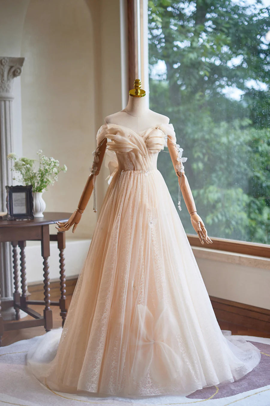 Champagne Tulle Floor Length Prom Dress, A-Line Sleeveless Backless Evening Party Dress TP128