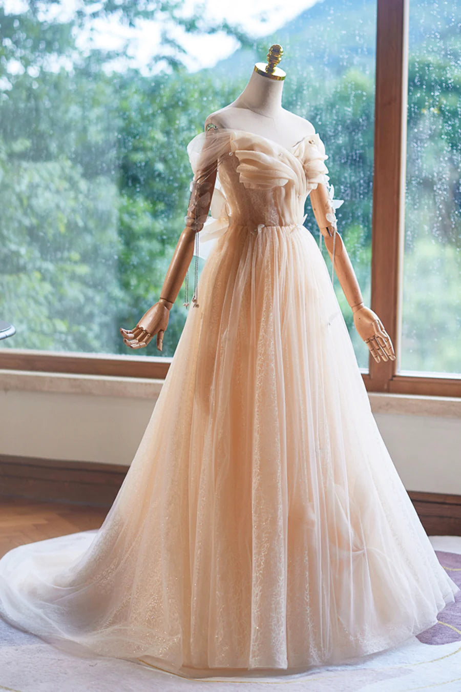 Champagne Tulle Floor Length Prom Dress, A-Line Sleeveless Backless Evening Party Dress TP128