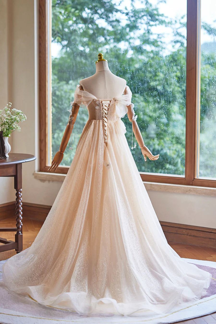 Champagne Tulle Floor Length Prom Dress, A-Line Sleeveless Backless Evening Party Dress TP128