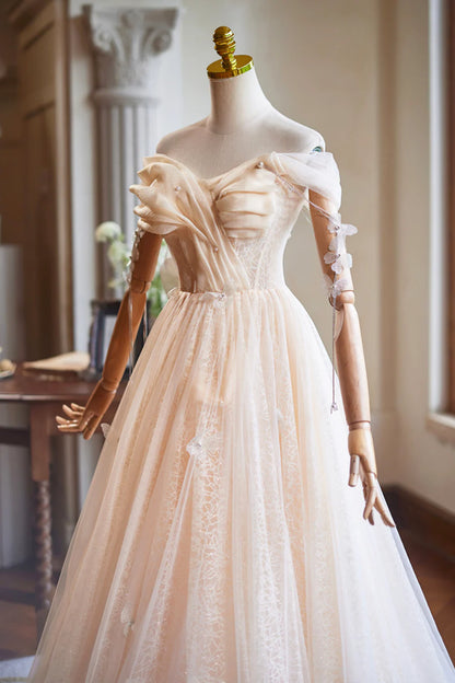 Champagne Tulle Floor Length Prom Dress, A-Line Sleeveless Backless Evening Party Dress TP128