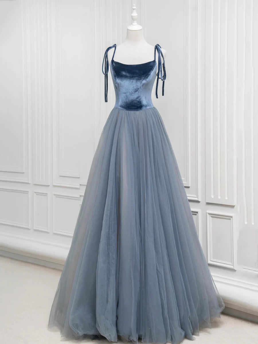 A-Line Velvet Tulle Long Prom Dress, Gray Blue Spaghetti Strap Evening Party Dress TP138