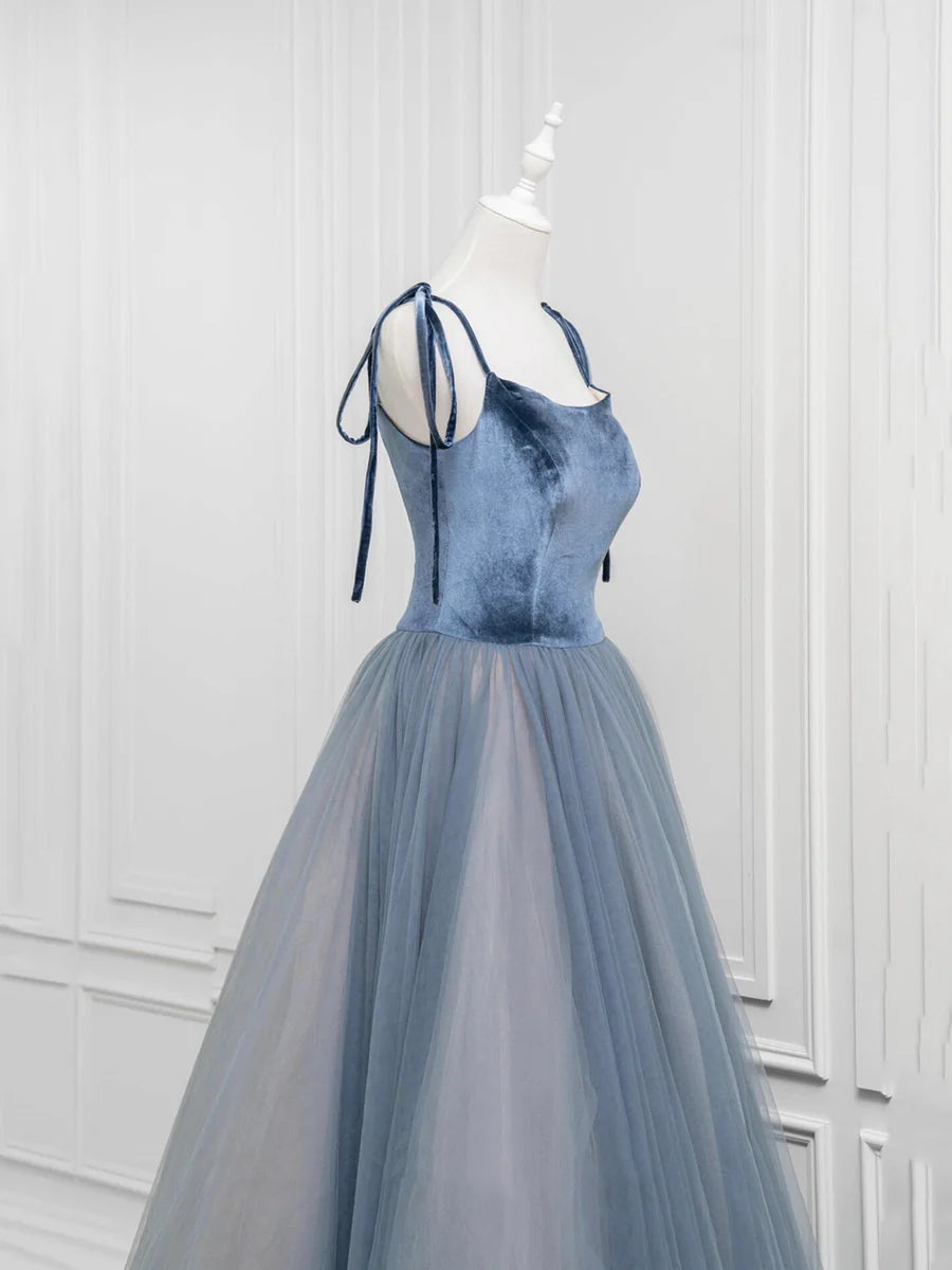 A-Line Velvet Tulle Long Prom Dress, Gray Blue Spaghetti Strap Evening Party Dress TP138