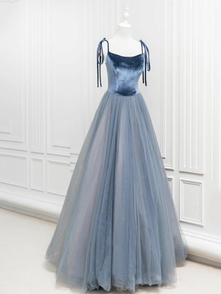 A-Line Velvet Tulle Long Prom Dress, Gray Blue Spaghetti Strap Evening Party Dress TP138