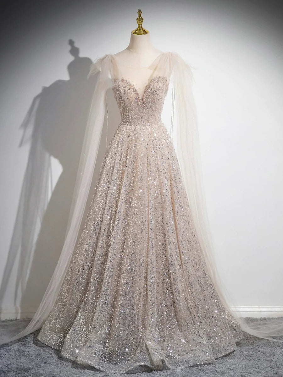 Champagne Tulle Sequins Long Prom Dress, Sparkling A-Line Evening Party Dress TP143