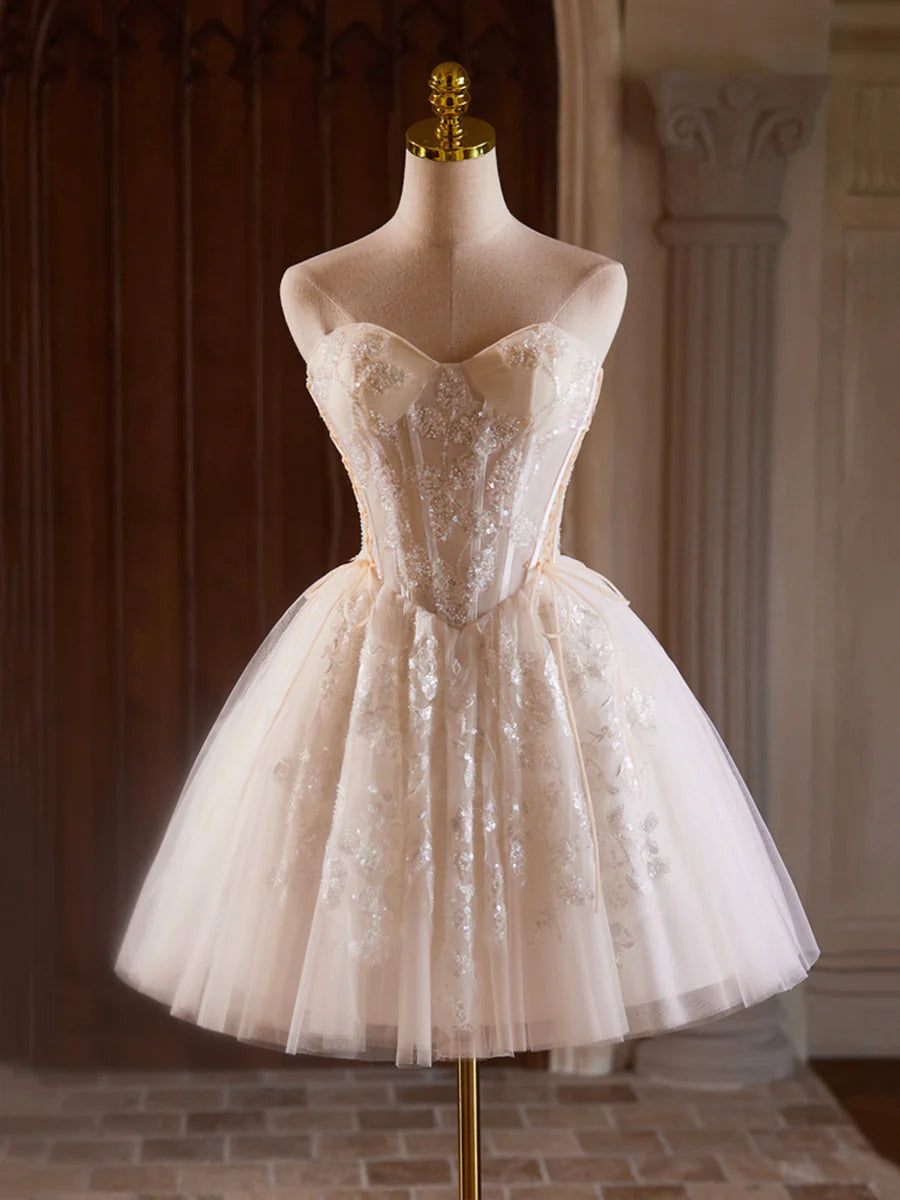 Champagne Strapless Tulle Sequins Short Prom Dress, Lovely Sweetheart Homecoming Party Dress TP147