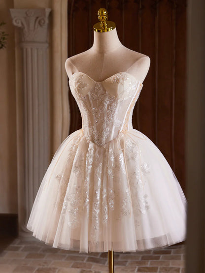 Champagne Strapless Tulle Sequins Short Prom Dress, Lovely Sweetheart Homecoming Party Dress TP147