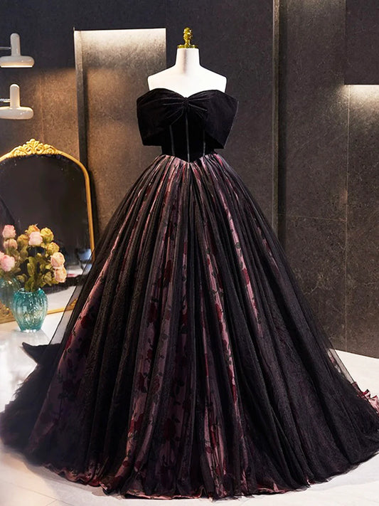 Black Velvet Tulle Long Prom Dress with Rose Print Pattern, Elegant Off the Shoulder Party Dress TP158