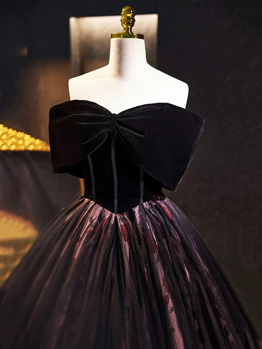 Black Velvet Tulle Long Prom Dress with Rose Print Pattern, Elegant Off the Shoulder Party Dress TP158