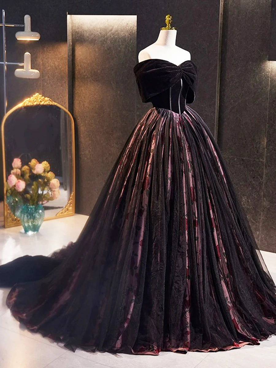 Black Velvet Tulle Long Prom Dress with Rose Print Pattern, Elegant Off the Shoulder Party Dress TP158