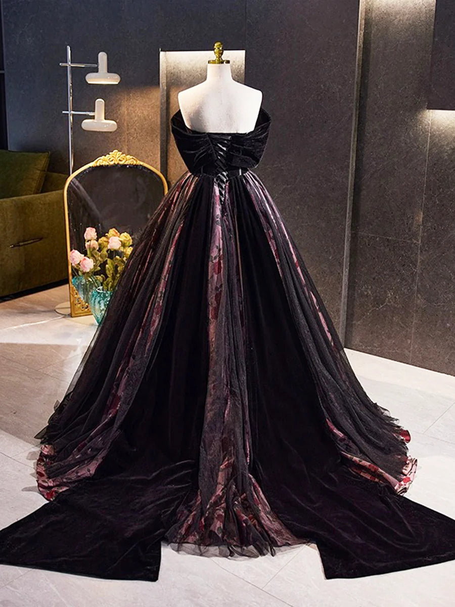 Black Velvet Tulle Long Prom Dress with Rose Print Pattern, Elegant Off the Shoulder Party Dress TP158