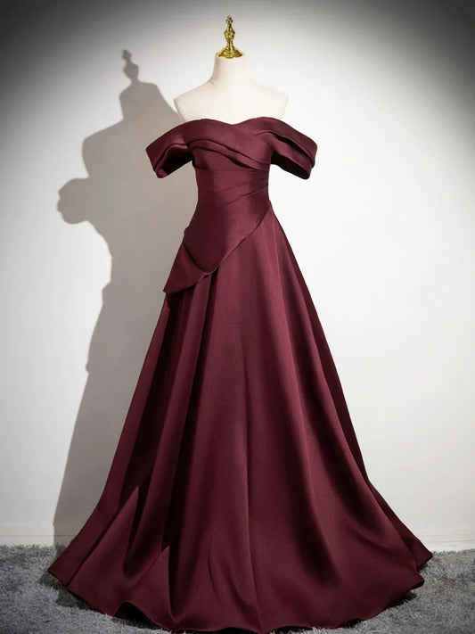 Dark Burgundy Satin Long Prom Dress, A-Line Off the Shoulder Evening Party Dress TP159