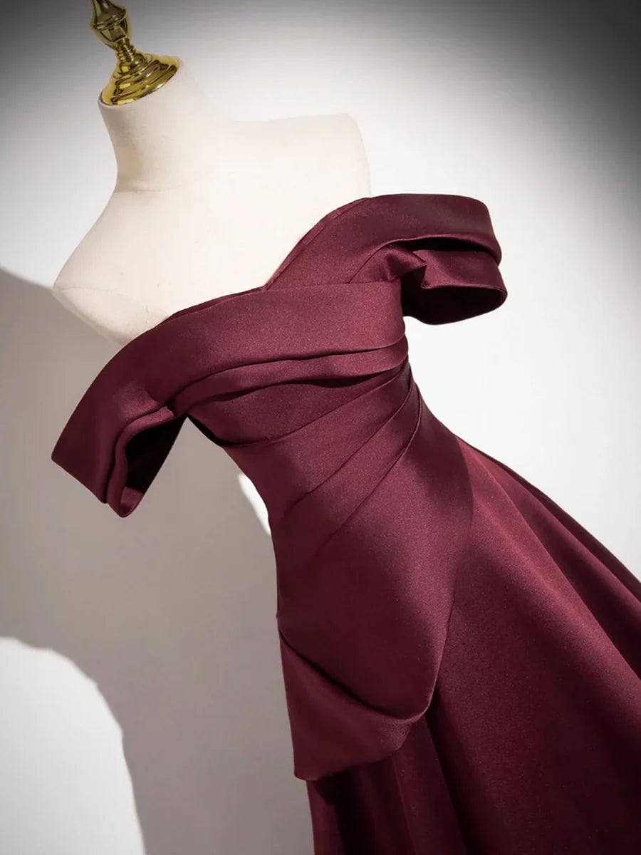 Dark Burgundy Satin Long Prom Dress, A-Line Off the Shoulder Evening Party Dress TP159