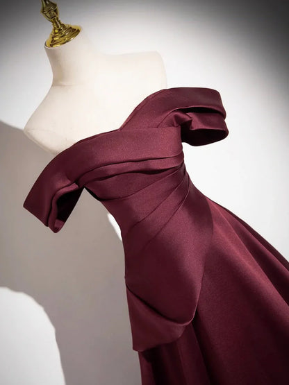 Dark Burgundy Satin Long Prom Dress, A-Line Off the Shoulder Evening Party Dress TP159